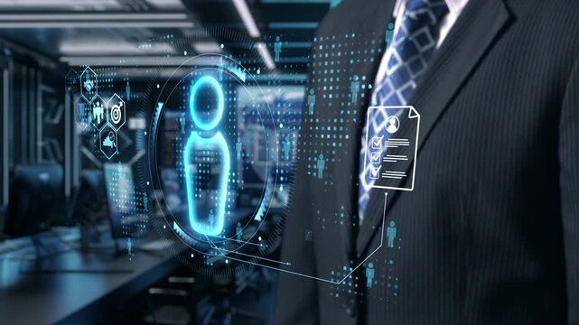 A professional businessman interacts with a holographic data display in a high-tech office, highlighting the integration of technology and data analytics in modern business practices. Qubit