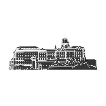 Black silhouette vector doodle stamp of Buda castle famous landmark in Budapest