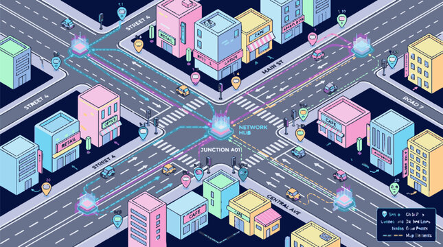 Isometric illustration of a busy city street intersection with colorful buildings.