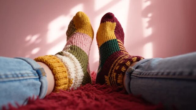 Person wearing colorful mismatched hand knitted wool socks resting feet on a red shaggy rug in a sunny room