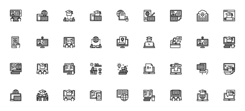 Online Education icon set. Minimal thin line web icons vector. Featuring online learning, books, graduation cap, student, elearning, open book, monitor, online course and more. Editable vector stroke.