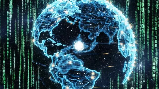 Futuristic rotating network globe shows digital world in motion with binary numbers in background and vibrant connections across continents