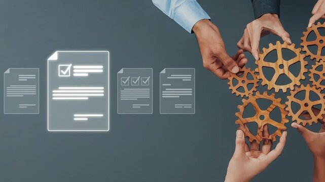 Visualize the importance of teamwork and process optimization in business through hands reviewing documents and engaging with gears, symbolizing collaboration and efficiency. Raster