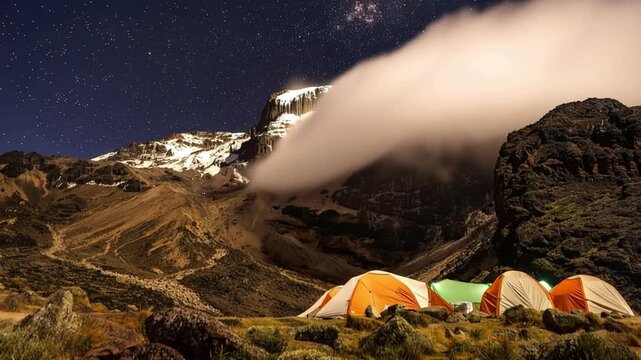 Mount Kilimanjaro. Kilimanjaro National Park in Tanzania, Africa. Trekking and climbing to the summit. Time lapse. Night video in starry sky. Tent