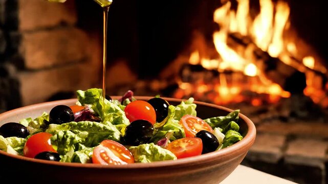 Overhead view of a colorful salad with a dressing being drizzled, featuring tomatoes and olives