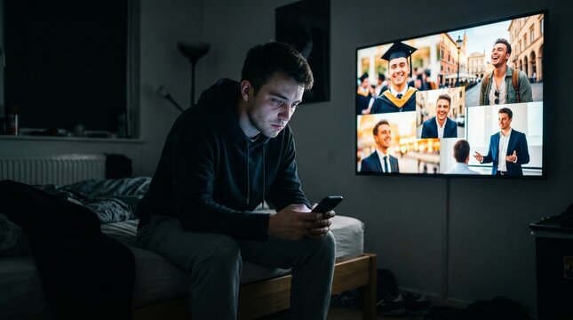 Young Man Comparing Himself to Idealized Social Media Success at Night