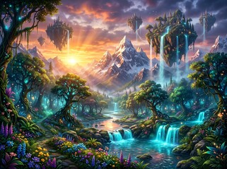 Fototapeta premium Enchanting Fantasy Landscape with Floating Castles Cascading Waterfalls and Glowing Forest