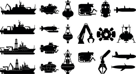 Deep Sea Exploration and Oceanography Vessel Silhouette Icon Set Featuring Submarines Research Ships Buoys and Underwater Robotic ArmsDeep Sea Exploration and Oceanography Vessel Silhouette Icon Set F © Shaharia Shaharia