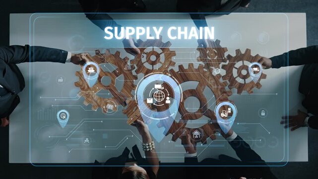 A dynamic business team collaborates on supply chain management using gears and a digital interface to enhance strategy planning and improve efficiency. Raster