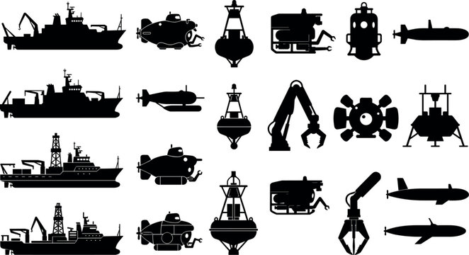Deep Sea Exploration and Oceanography Vessel Silhouette Icon Set Featuring Submarines Research Ships Buoys and Underwater Robotic ArmsDeep Sea Exploration and Oceanography Vessel Silhouette Icon Set F