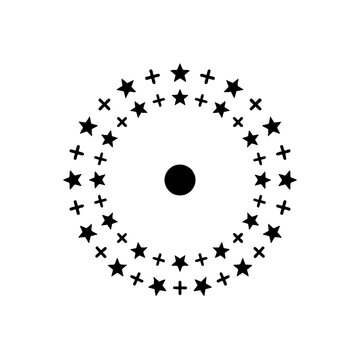 Black and white circular pattern of stars and plus signs with a central dot