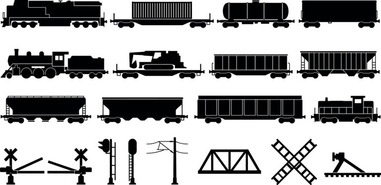 Railway Transportation and Cargo Freight Train Silhouette Icon Set Featuring Locomotives Intermodal Containers Tankers and Railroad SignalsRailway Transportation and Cargo Freight Train Silhouette Ico