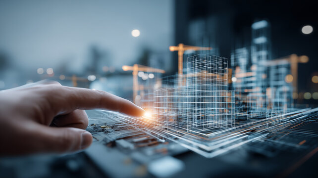 Hand touching a holographic building model at a construction site, symbolizing smart architecture, digital planning, and future real estate development.
