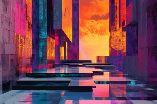 Modern Geometric architecture with sunset orange sky creating dreamlike and abstract composition. Vibrant cuboid structures