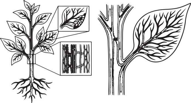 Plant vascular system vector illustration with xylem and phloem transport anatomy diagram line art design