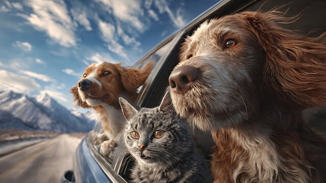 Two cute dogs and a cat looking out of a car window during a road trip