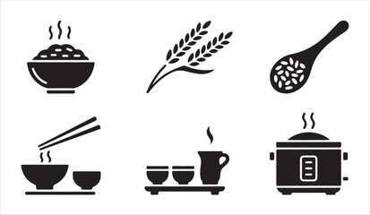 Rice culture icon set with bowl chopsticks wheat stalk and electric cooker flat black style. © MD.RAHIM