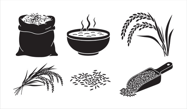 Graphic illustration of harvested rice elements including sack bowl and grain stalks set.