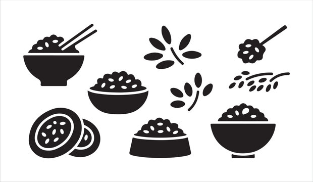 Rice bowl icon set featuring abstract grain patterns leaves and cooking ingredients vector.
