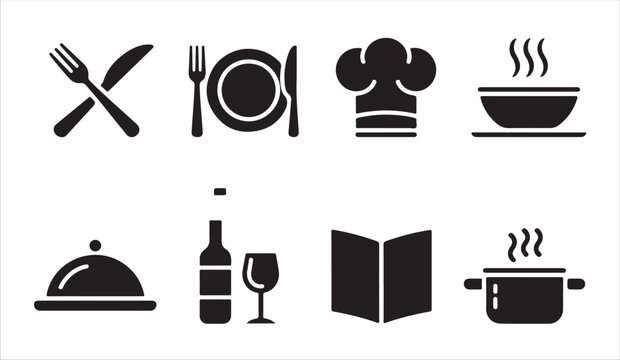Restaurant and kitchen service icons featuring cutlery chef hat menu pot and dining items.