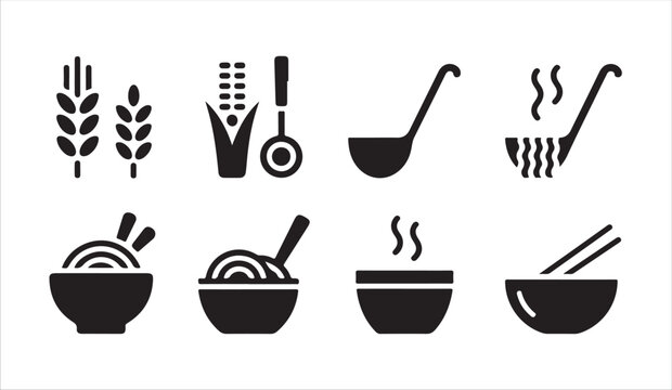 Noodle soup and grain icons featuring wheat stalks corn ladles and steaming bowl graphics.