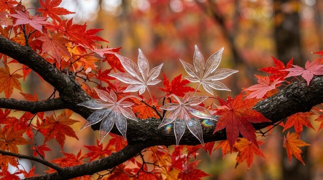 Surrealism. Japanese maple leaves transformed into transparent glass among autumn red foliage, crystal momiji, concept of material and seasonal beauty