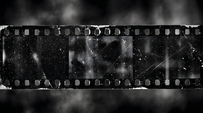 Black vintage film strip texture with dust and scratches, analog cinema overlay background