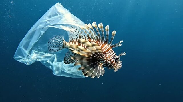 Fish trapped in a plastic bag swims in the ocean searching for a way out
