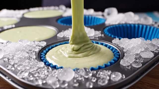 Pouring light green batter into blue cupcake liners in a muffin tin surrounded by crushed ice