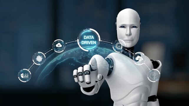 A futuristic robot presents a holographic data-driven interface, symbolizing the integration of AI in analytics. This image represents innovation in technology. Synapse