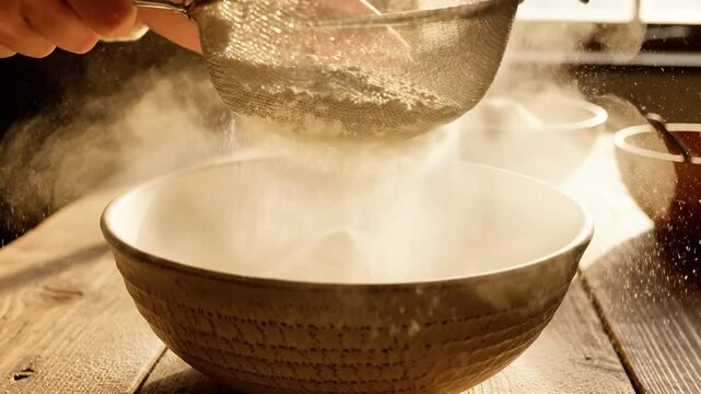 Sifting a stream of white flour into a woven wooden bowl, creating a cloud of particles in a rustic kitchen ambiance