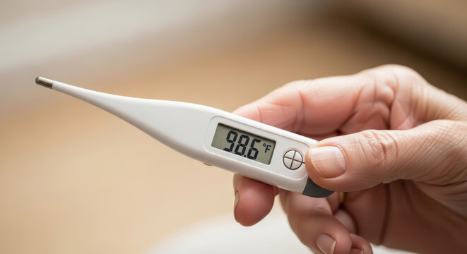 Digital thermometer senior support technology health care device showing temperature reading in hand closeup
