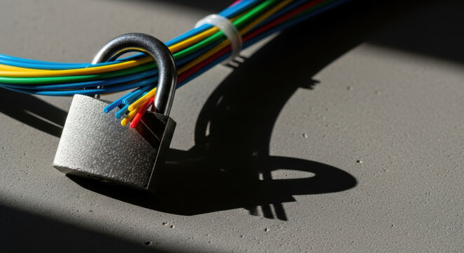 Open padlock with colorful wires symbolizes us china trade tensions affecting technology and security in global market