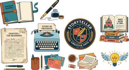 Creative writing and storytelling vector set featuring typewriter journal fountain pen books and inspiration icons for writers © SreePoreshChandra