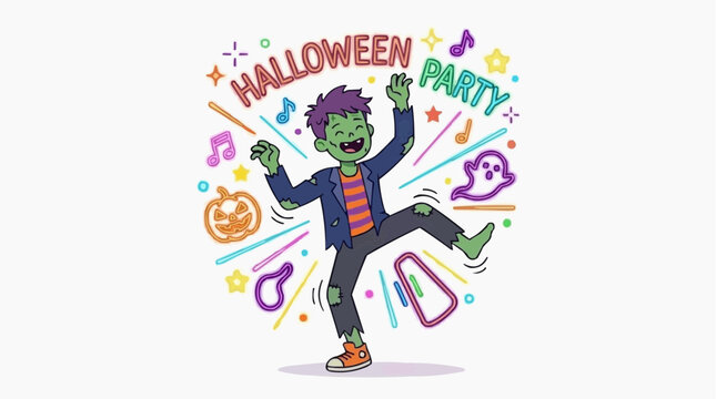 Happy green zombie dancing at a neon Halloween party with pumpkins ghosts and music notes