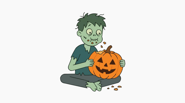 Cute cartoon zombie boy sitting cross legged holding a carved jack o lantern pumpkin and taking a bite out of it