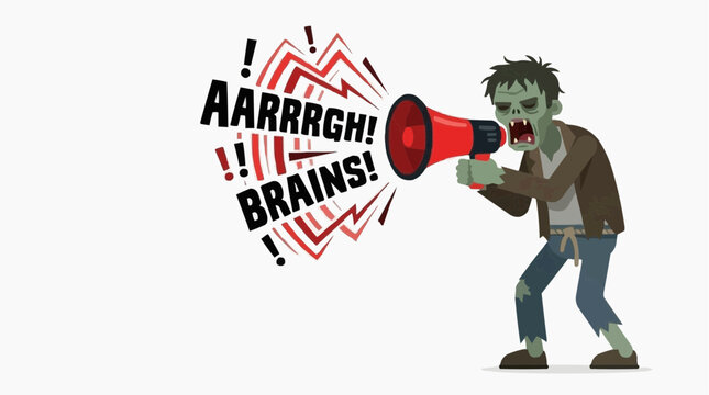 Scary green zombie character holding a megaphone and shouting AARRRGH BRAINS with red sound waves and exclamation marks on white background