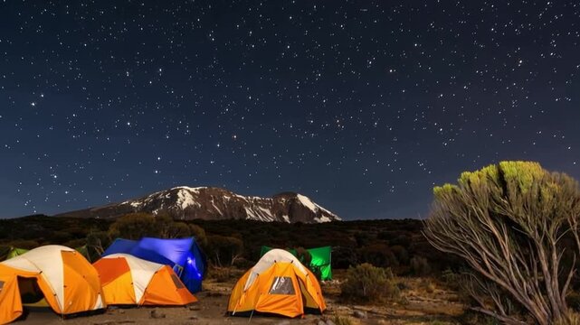 Mount Kilimanjaro. Kilimanjaro National Park in Tanzania, Africa. Trekking and climbing to the summit. Time lapse. Night video in starry sky.