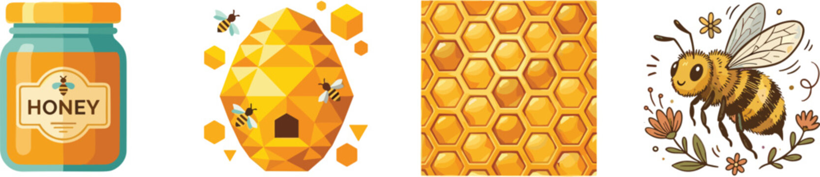 Honey and bee illustration set featuring organic honey jar geometric beehive honeycomb pattern and cute bumblebee character