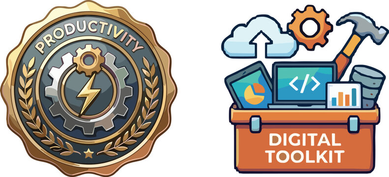 Productivity badge and digital toolkit illustration set with laptop coding and business growth symbols for technology