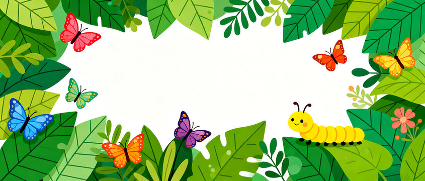 colorful butterflies and caterpillar in leafy garden border