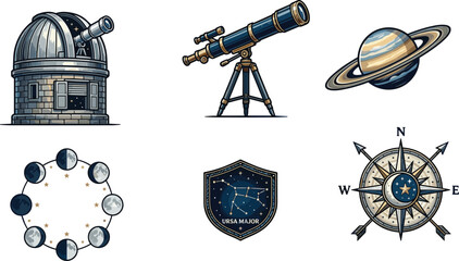 Vintage astronomy illustration set featuring observatory telescope planet saturn moon phases and celestial navigation symbols © SreePoreshChandra