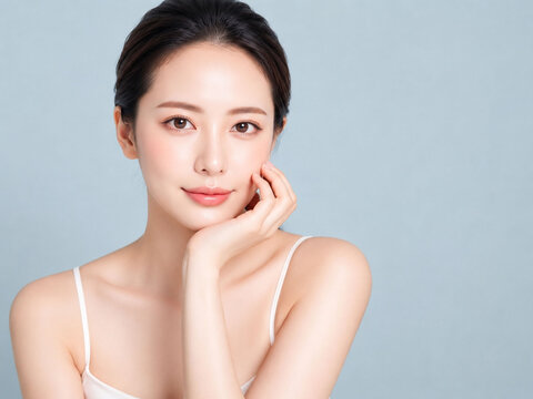 頬にそっと手を添えながらまっすぐ視線を向ける若い女性のクリーンな美容ポートレート。透明感のある素肌、自然なツヤ感、整ったまとめ髪、白いキャミソールが清楚で洗練された印象を演出し、スキンケア、保湿化粧品、美容液、フェイスケア、素肌美、クリニックやサロンの広告ビジュアルに使いやすい上品な人物素材