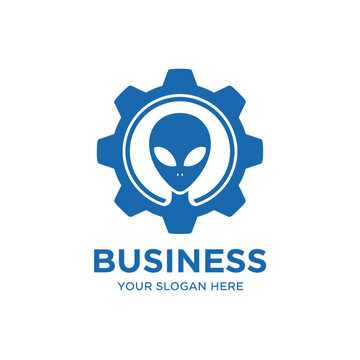 Blue alien head and gear wheel business logo design.