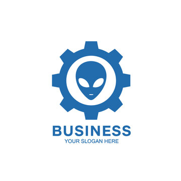 Blue gear icon with alien head and business text.