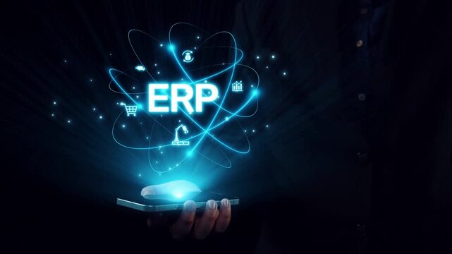 ERP platform visual showing centralized system for enterprise resource planning, improving integration, data flow, business efficiency, finance, inventory, and human resources. Elide