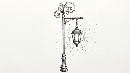 Vintage street lamp with glowing lantern and decorative scrolls © JashaShop