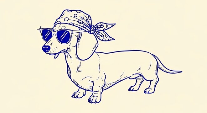 Dachshund dog wearing sunglasses and bandana line art illustration.
