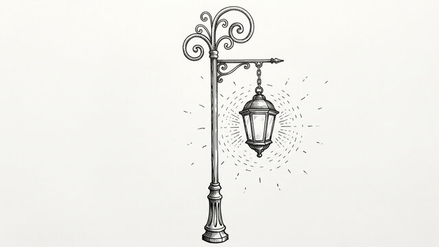 Vintage street lamp with glowing lantern and decorative scrolls