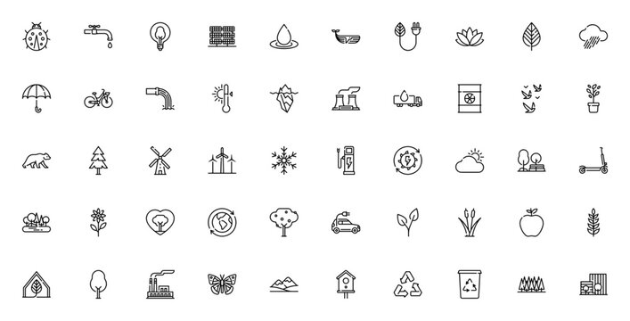 Environment icon set. Nature ecology vector icons. Minimal line icons pack. Featuring ladybird, water tap, solar panel, windmill, recycling, forest, earth and more. Editable vector stroke.